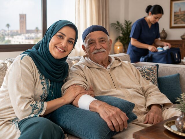 Une femme souriante assise près de son père à la maison