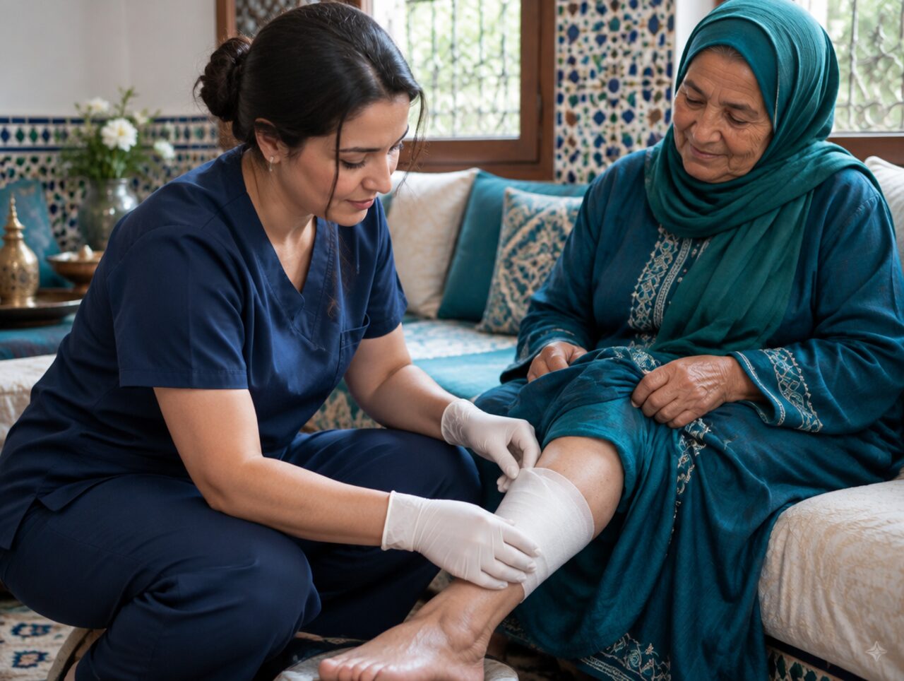 Une infirmière applique un pansement propre à une patiente dans son salon